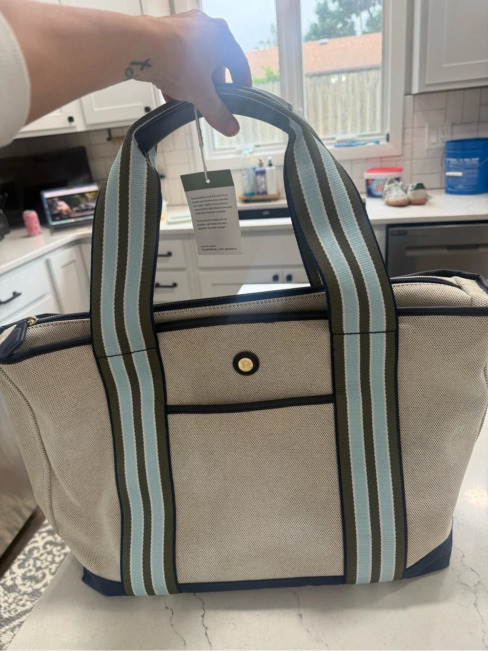 Paravel Medium Cabana Tote Cream Blue Canvas Stripe Travel Beach Market  NWT